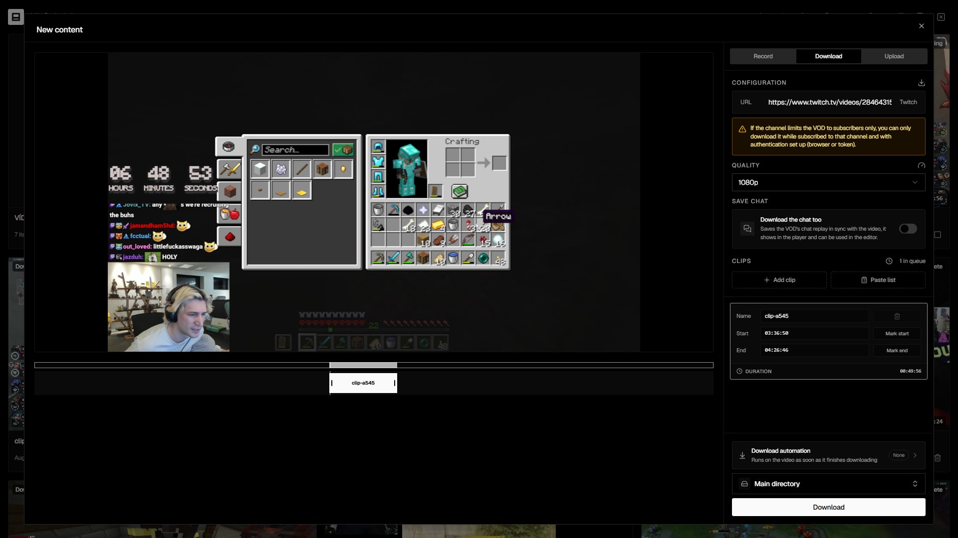 Download tab with the video loaded and ranges marked on the timeline