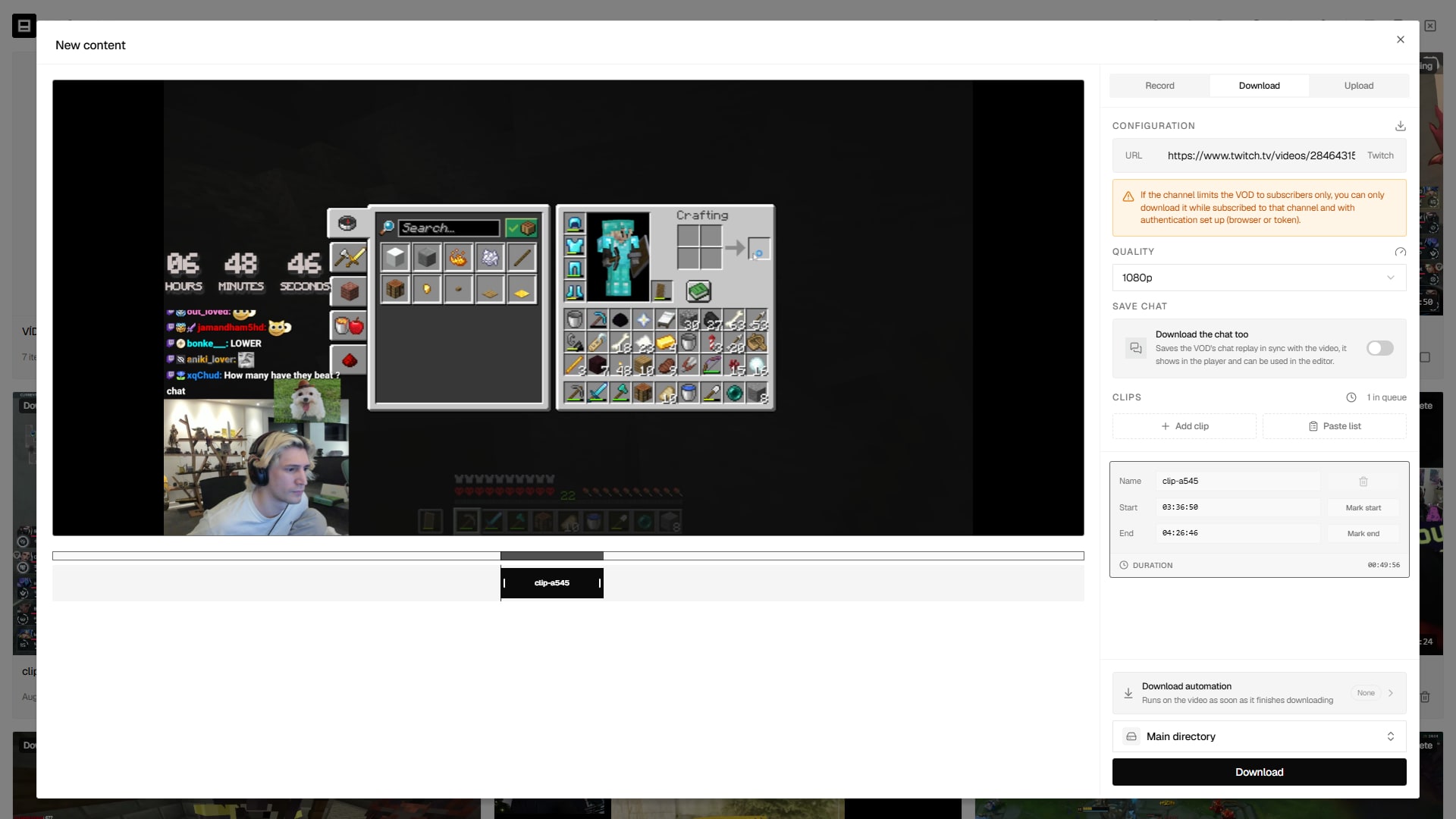 Download tab with the video loaded and ranges marked on the timeline