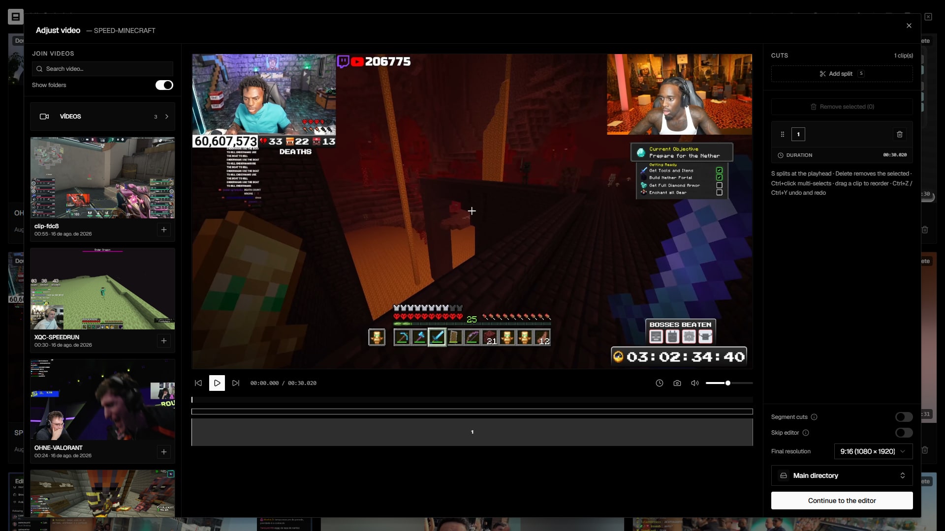 Video adjust stage with the timeline and its clips