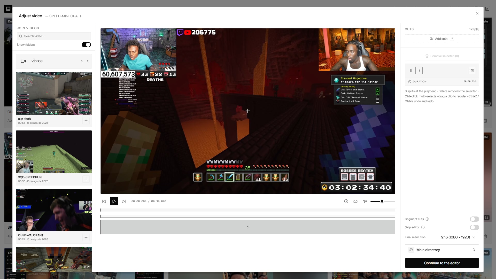 Video adjust stage with the timeline and its clips