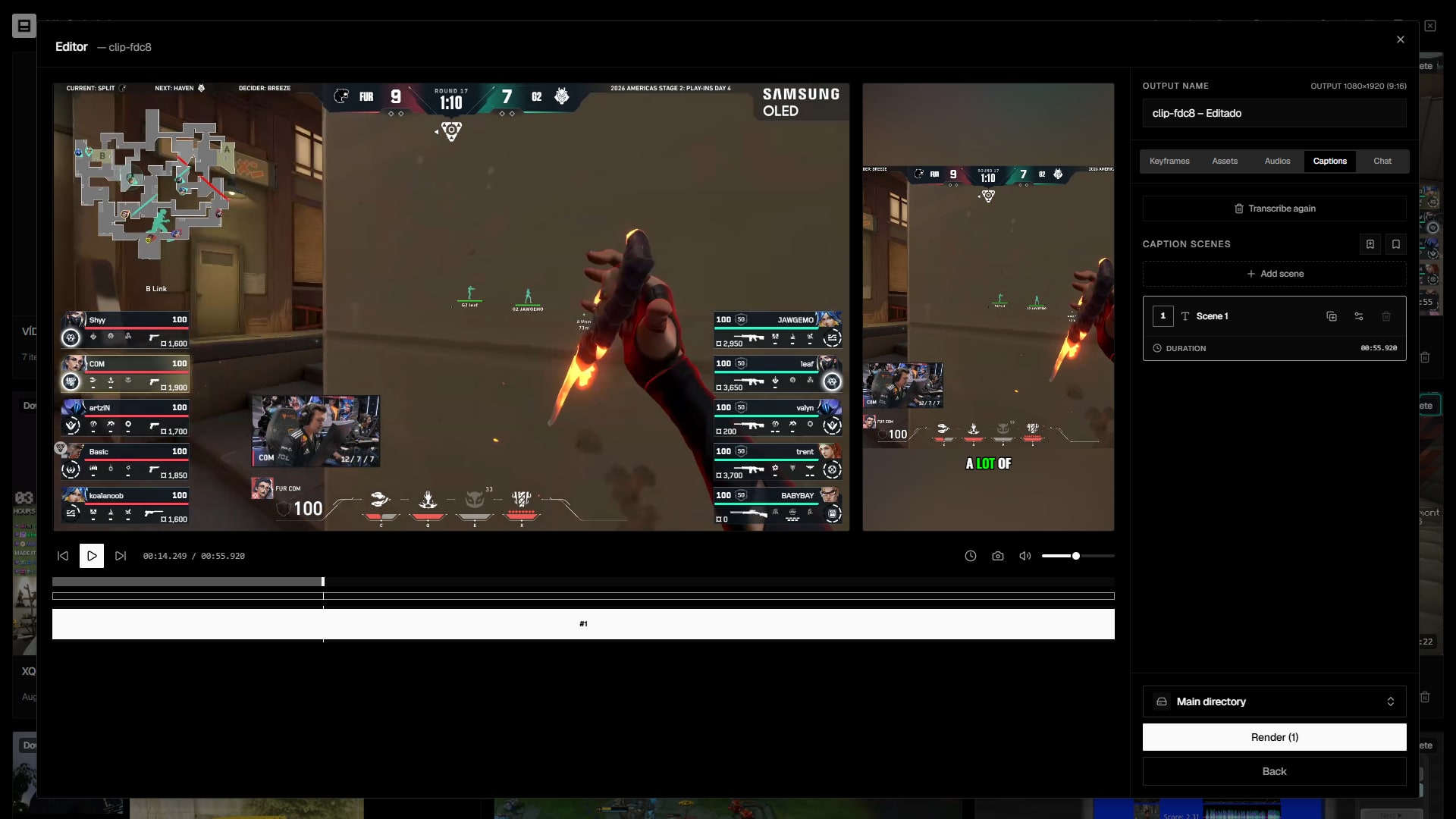 Editor captions tab with the text over the video