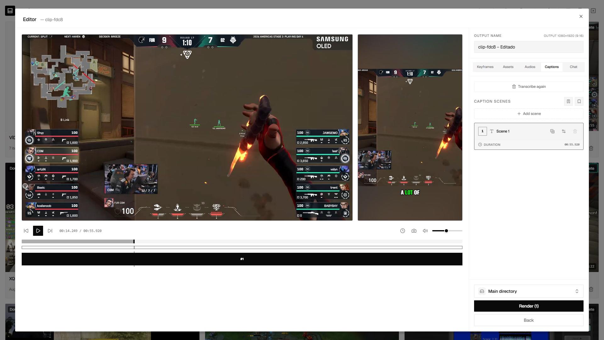 Editor captions tab with the text over the video