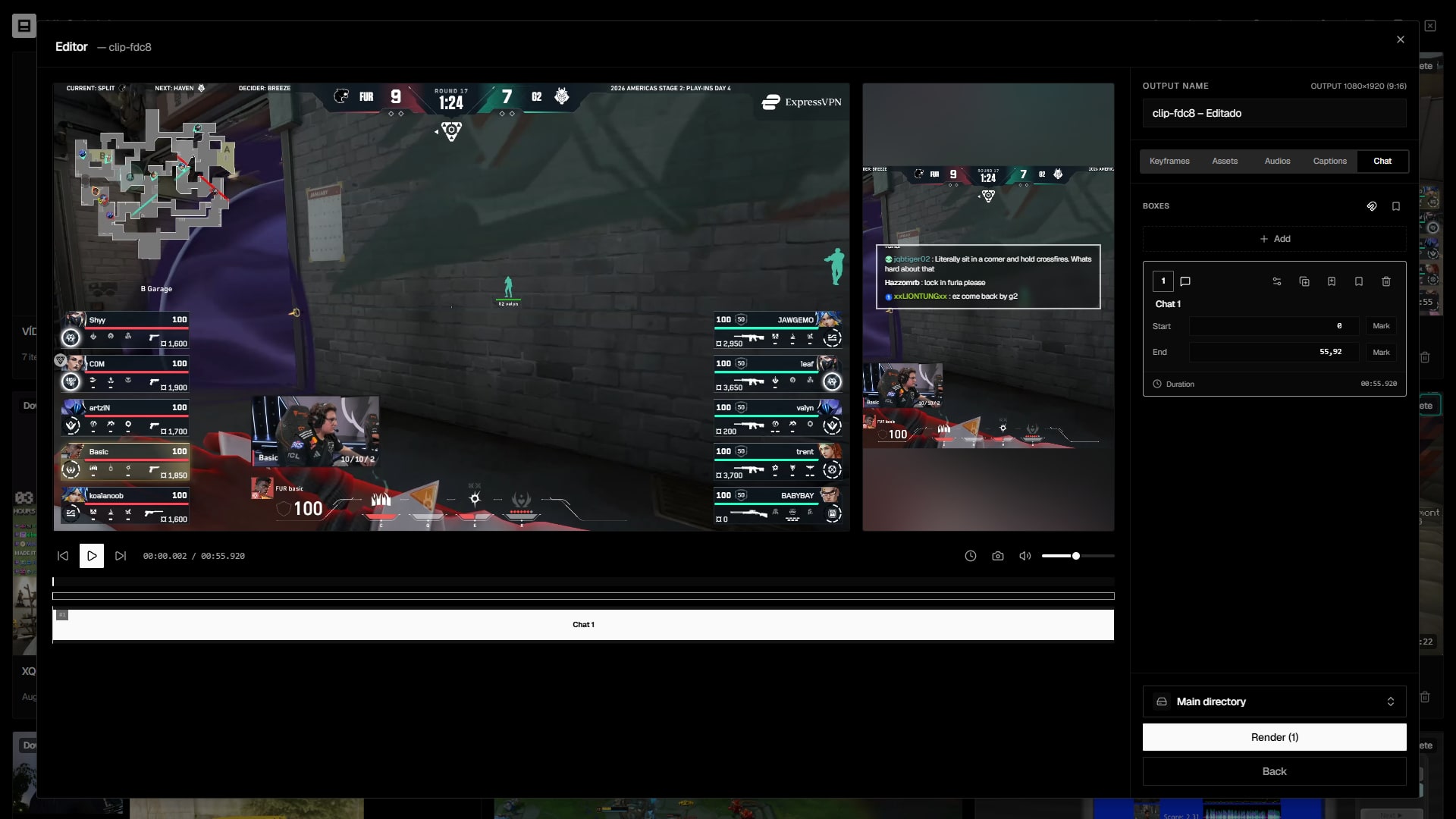 Editor chat tab with the message box over the video