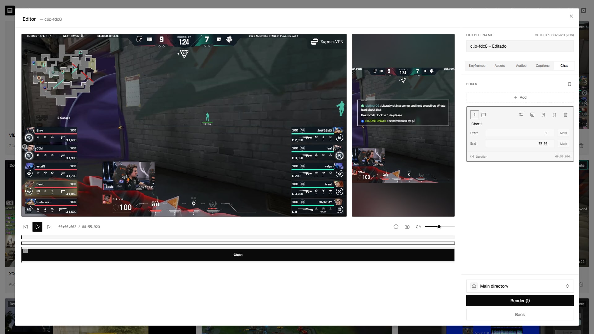 Editor chat tab with the message box over the video