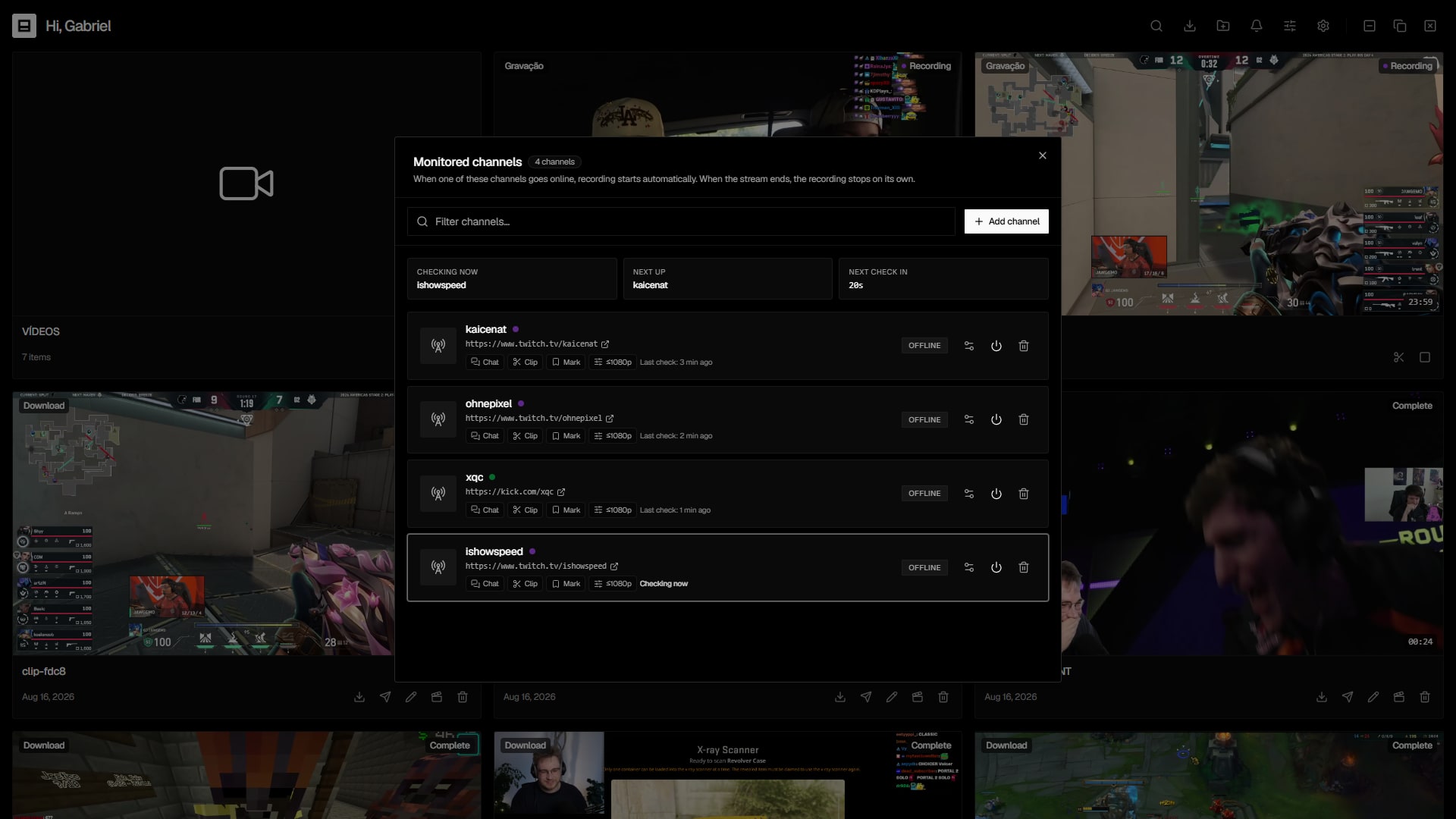 List of monitored channels showing live and offline status