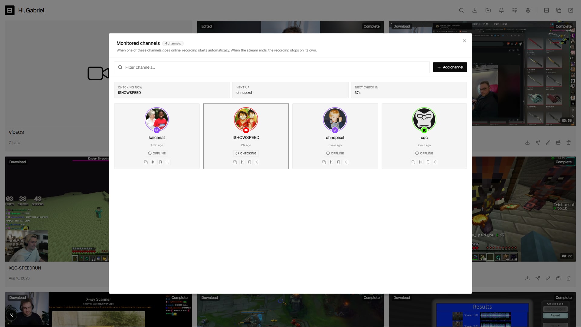 List of monitored channels showing live and offline status