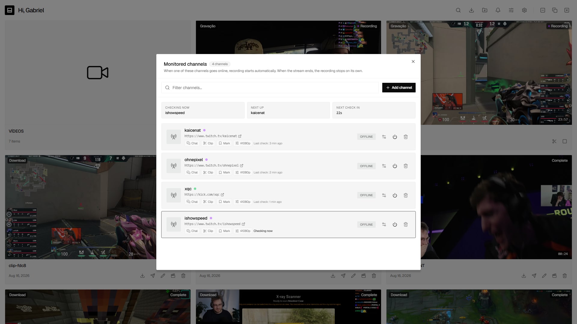 List of monitored channels showing live and offline status