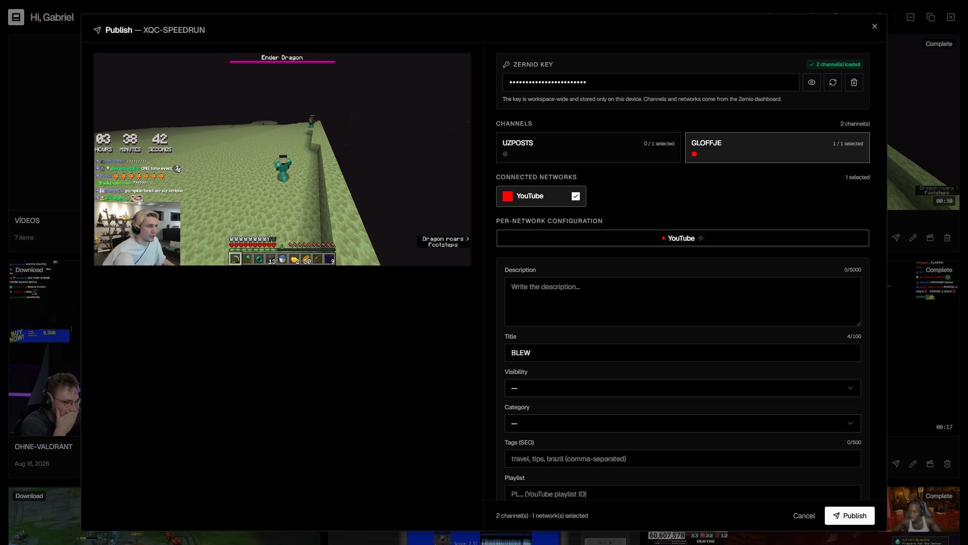 Publishing screen with networks and connected accounts