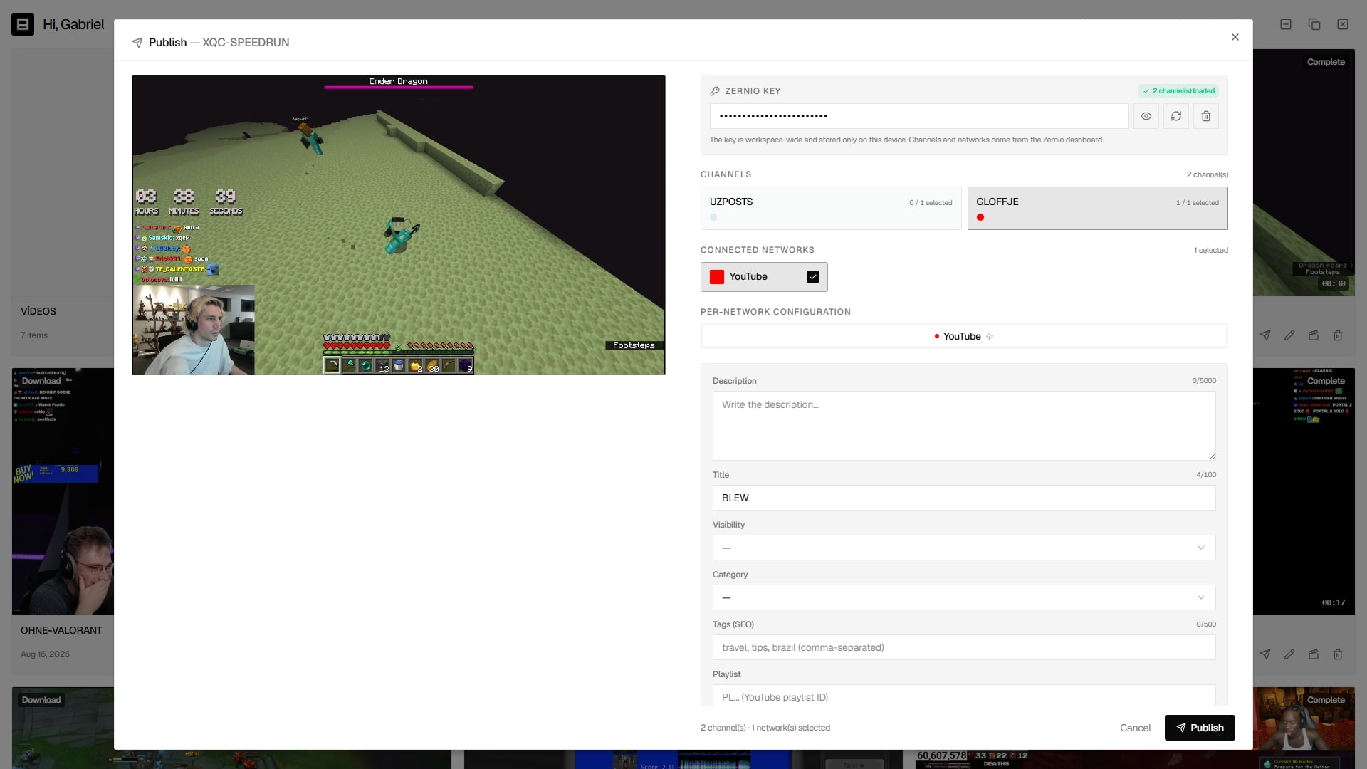 Publishing screen with networks and connected accounts