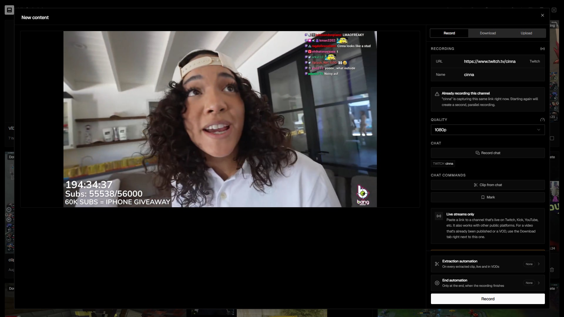 Recording tab with a live channel loaded