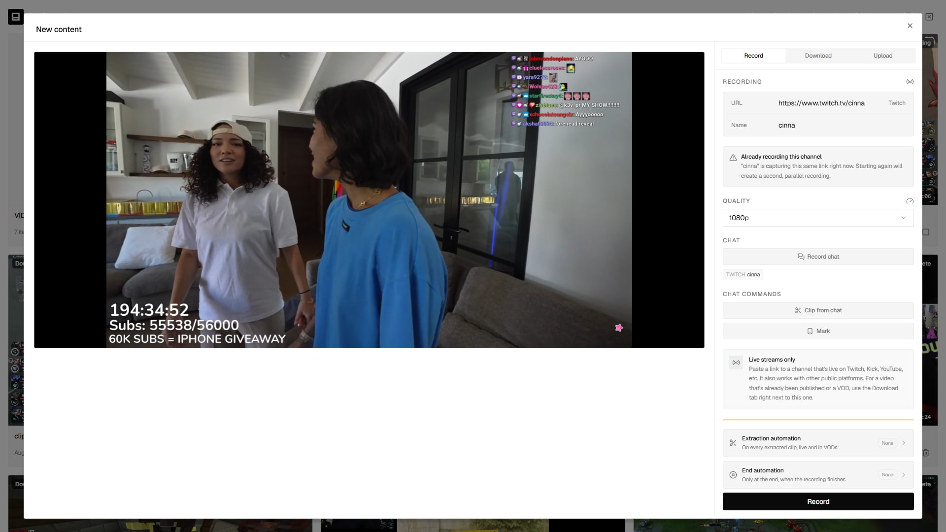 Recording tab with a live channel loaded