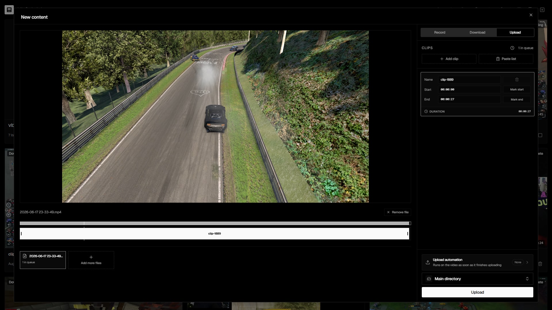 Upload tab with video files listed