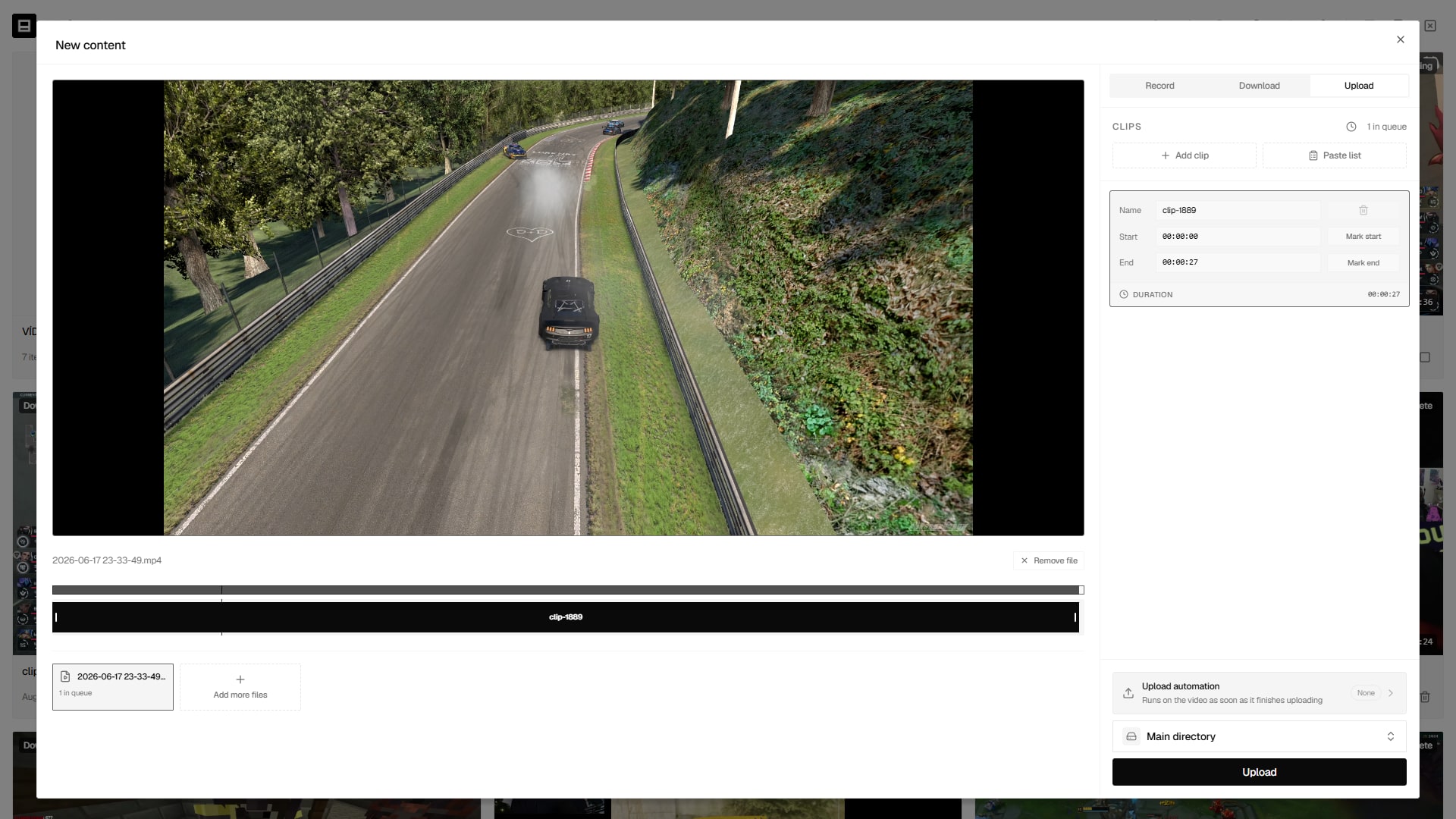 Upload tab with video files listed